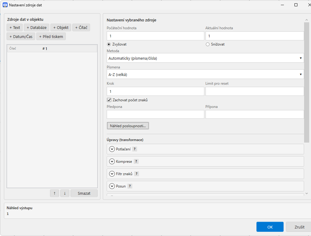 Data source dialog in LabelyPrint Designer with a Counter segment selected