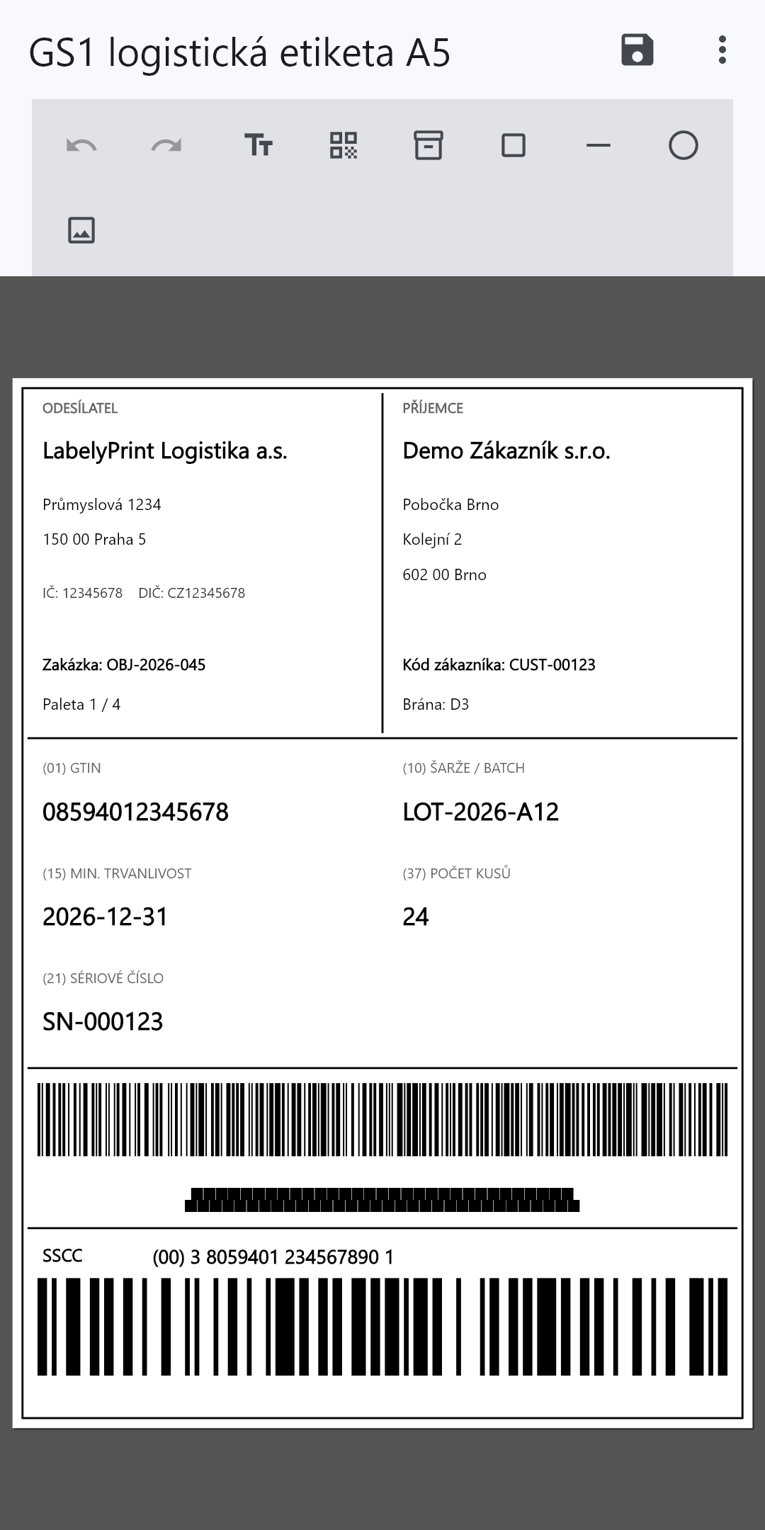 LabelyPrint Mobile — editor s otevřenou GS1 logistickou etiketou